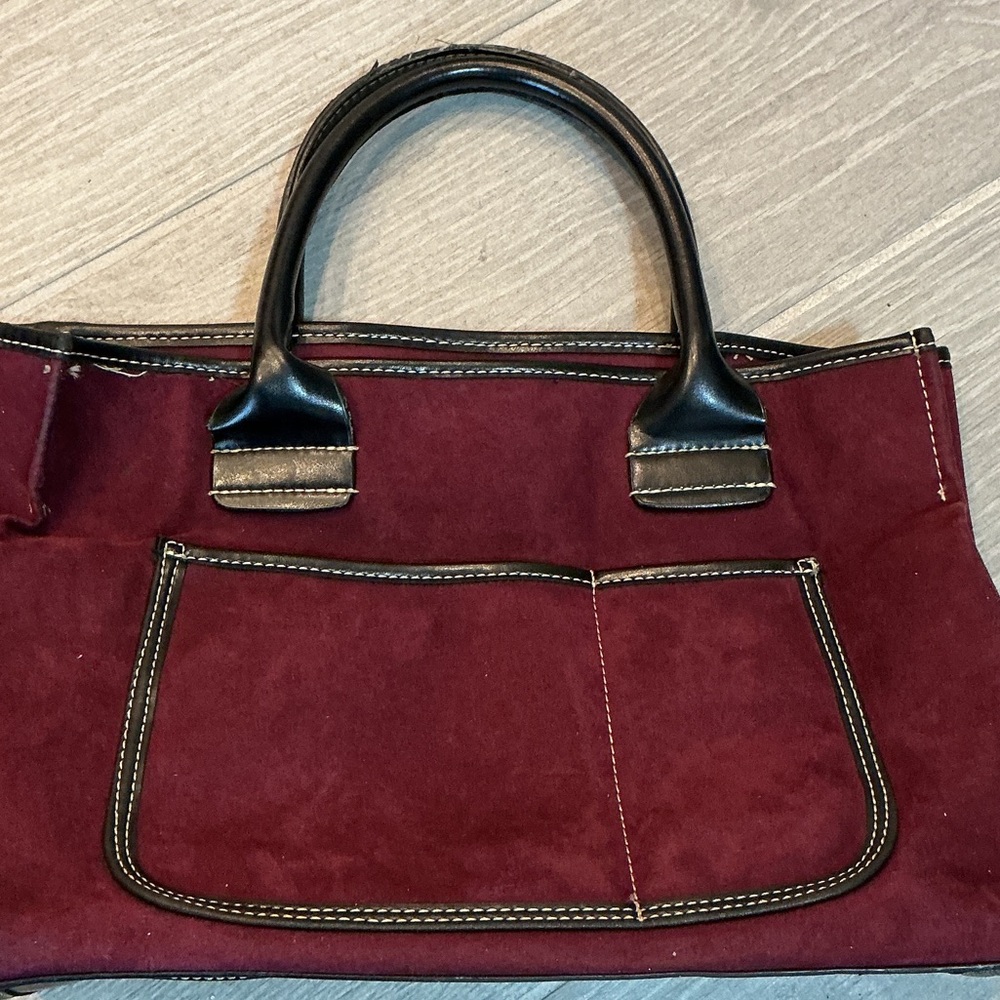 Saks Fifth Avenue Women's Burgundy Suede Tote Bag with Black Trim